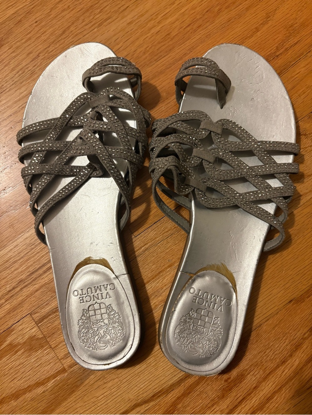 Vince Camuto Silver Footbed Sandals with Taupe Braided Straps